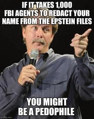 May be an image of 1 person and text that says 'IF IT TAKES 1,000 FBI AGENTS TO REDACT YOUR NAME FROM THE EPSTEIN FILES YOU MIGHT BE A PEDOPHILE'