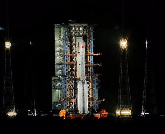 The Long March 7A Y12 vehicle stood at Launch Complex 201 minutes before its flight. The Long March 7A Y12 vehicle stood at Launch Complex 201 minutes before its flight.