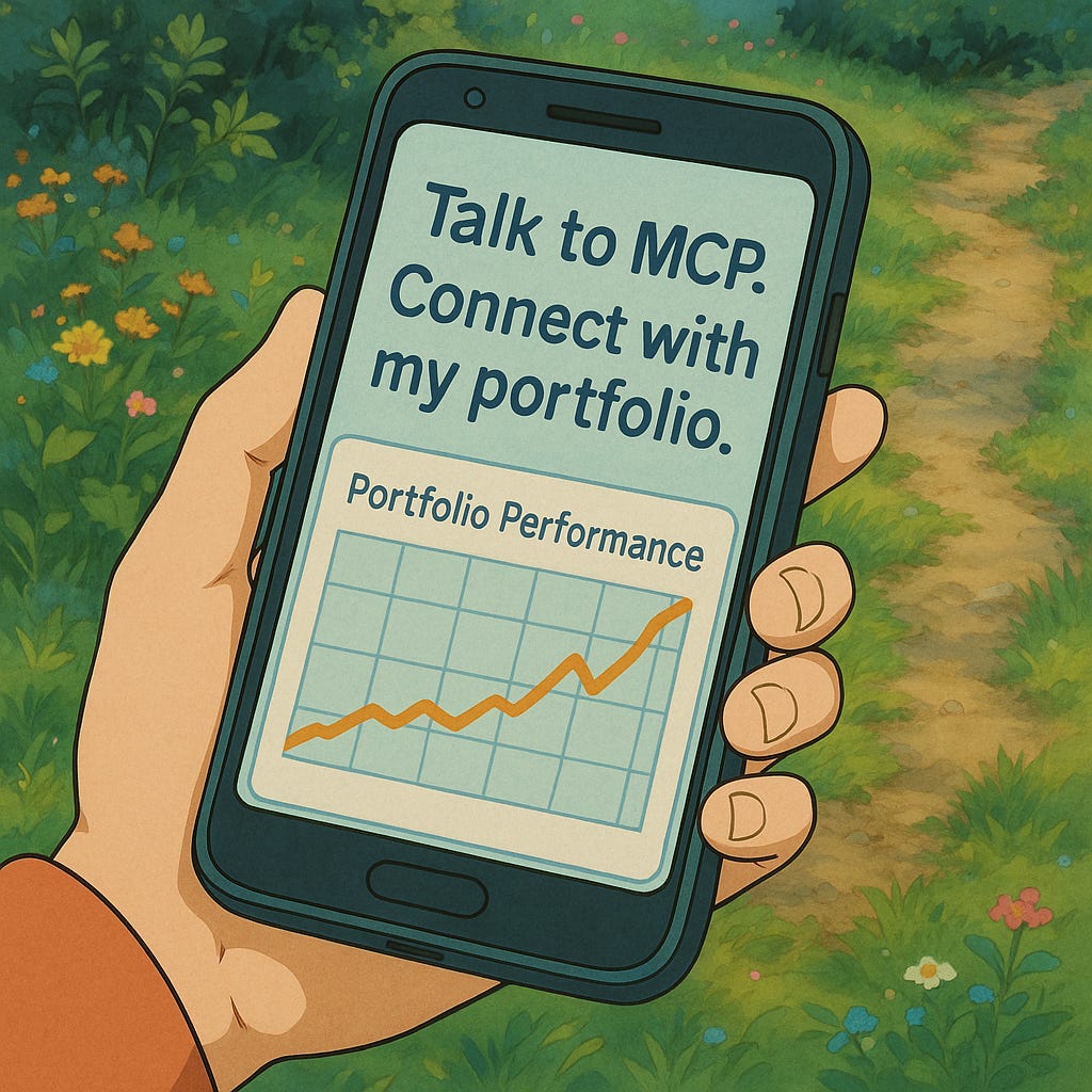 Ghibli-inspired close-up of hand with mobile phone showing text and upward portfolio graph