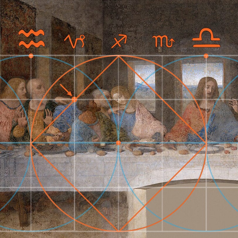 The Sagittarian circle of Leonardo’s zodiacal Last Supper, spanning one-third or 120° of the Zodiac (=432,000 arcseconds) and four signs, from 0° Libra to 0° Aquarius. (Illustration, Lori Tompkins, 2026)