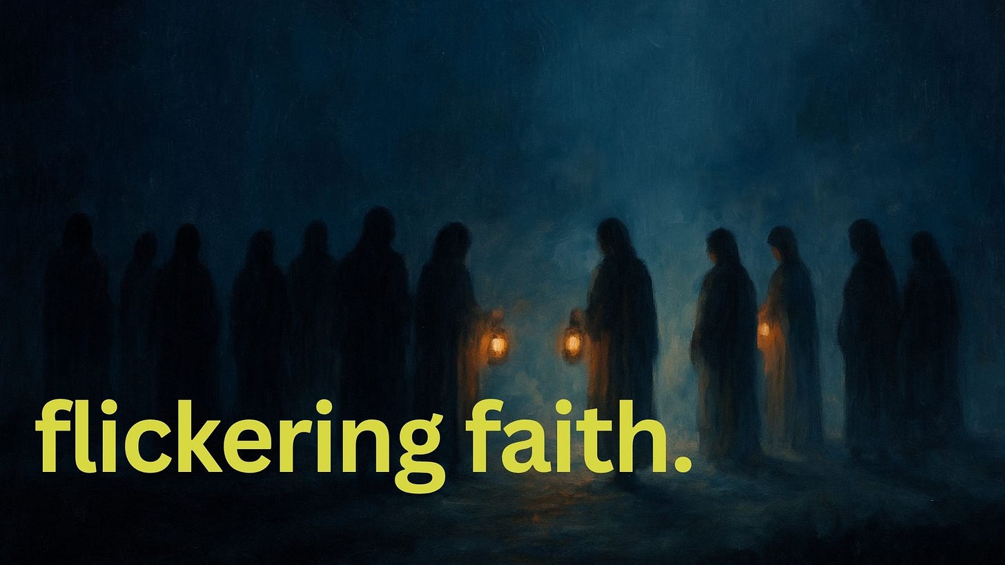 Silhouettes of ten robed figures stand in a dark, misty night; five hold glowing oil lamps while the others remain in shadow.