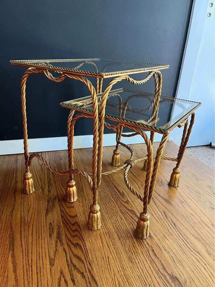 Product photo of Vintage Pair of 2 50s 60s Glam Gilded Gold Iron Twisted Rope Tassel Feet Side Nesting Tables w Glass