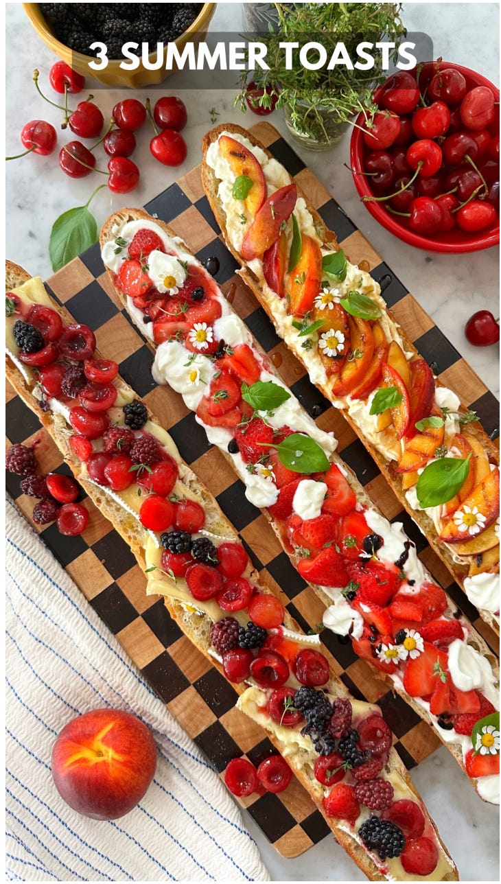 Picture of 3 summer toasts: 3 half baguettes with fruity, fresh, colourful spreads Picture of 3 summer toasts: 3 half baguettes with fruity, fresh, colourful spreads