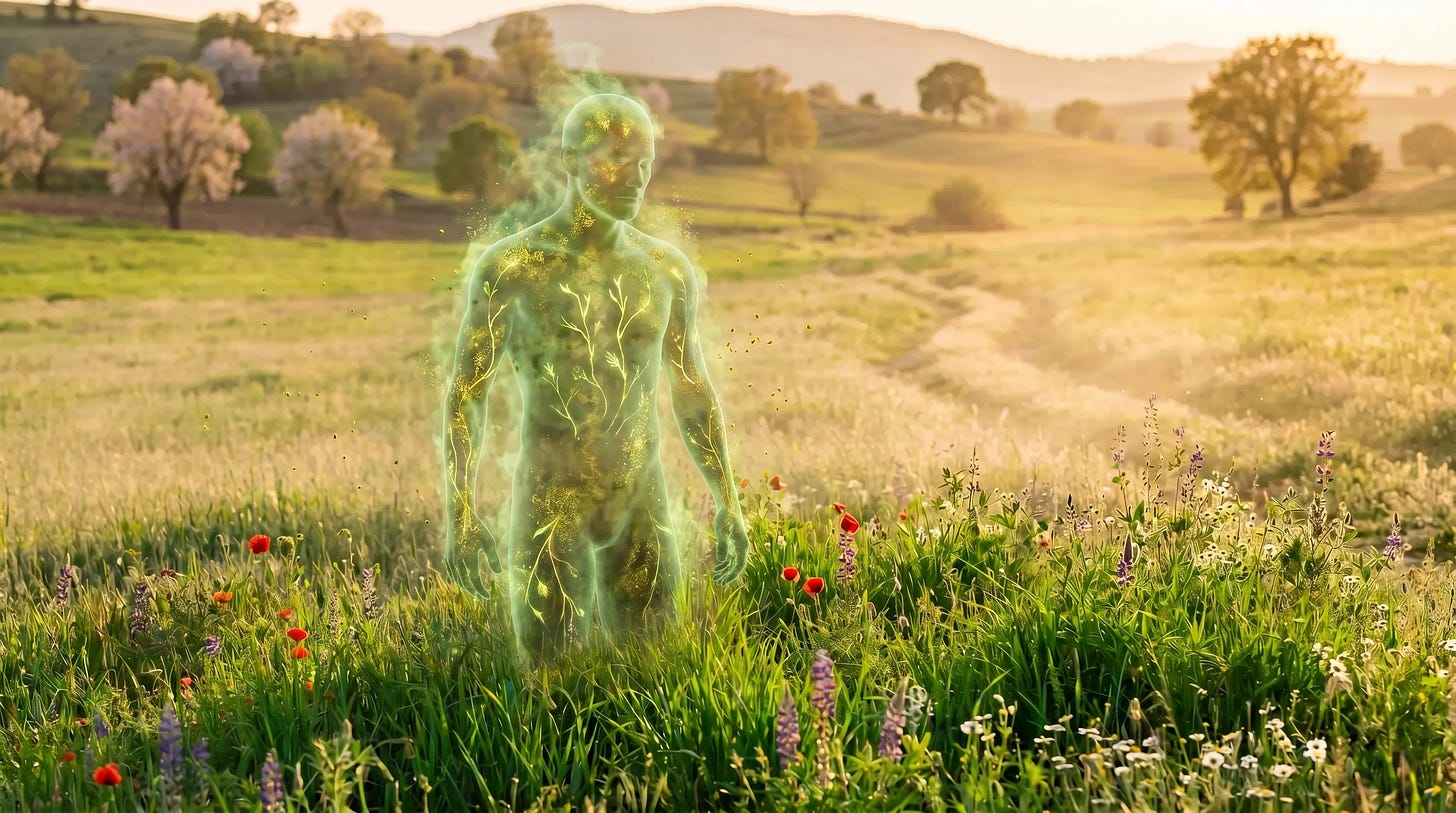 Hızır, luminous figure made of vegetation and pollen, crossing a field of wild spring flowers