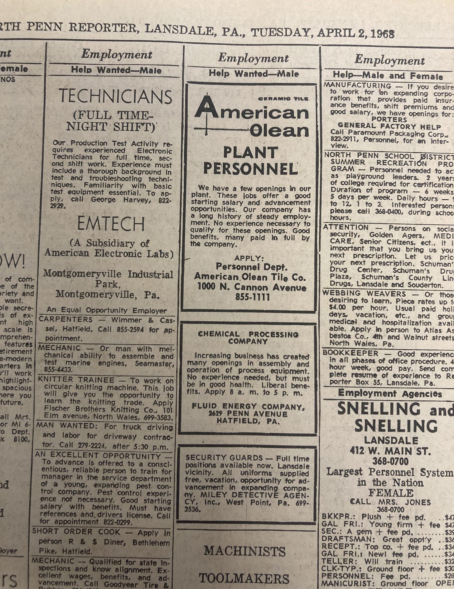 A yellowed newspaper page featuring the Want Ads--advertisements for open jobs