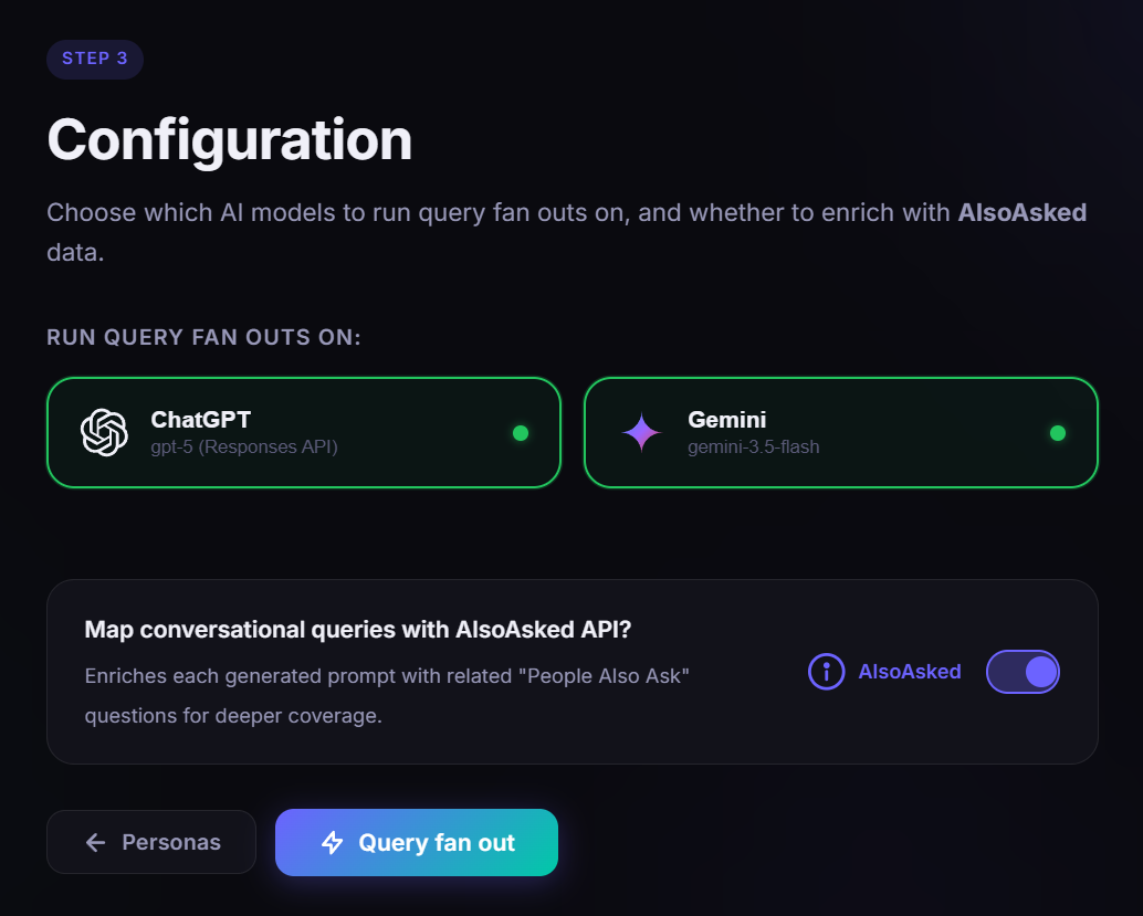 A user interface screenshot of a software configuration screen titled "Step 3: Configuration."  Under the heading "Run query fan outs on:", two AI model options are selected with green borders and indicator dots: "ChatGPT (gpt-5 Responses API)" and "Gemini (gemini-3.5-flash)."  Below this, a toggle switch for "Map conversational queries with AlsoAsked API?" is turned on. Navigation buttons at the bottom read "Personas" and "Query fan out."