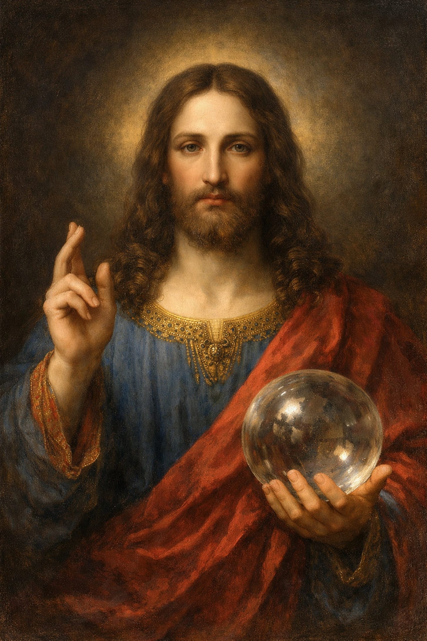 Classical oil painting of Jesus Christ as Salvator Mundi, the Savior of the world.