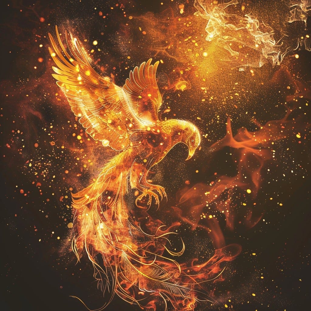 This captivating image portrays a digital illustration of a phoenix, an iconic mythological bird, presented in mid-rebirth amidst an explosion of flames and embers. The artwork captures the essence of the legendary creature, which is said to cyclically regenerate or be reborn from its own ashes, symbolizing renewal and eternal life. Its wings spread wide and ablaze, the phoenix emanates a powerful sense of motion and transformation that is both mythical and awe-inspiring.