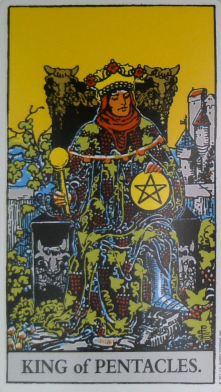 The King of Pentacles tarot card and the Wait oracle card.