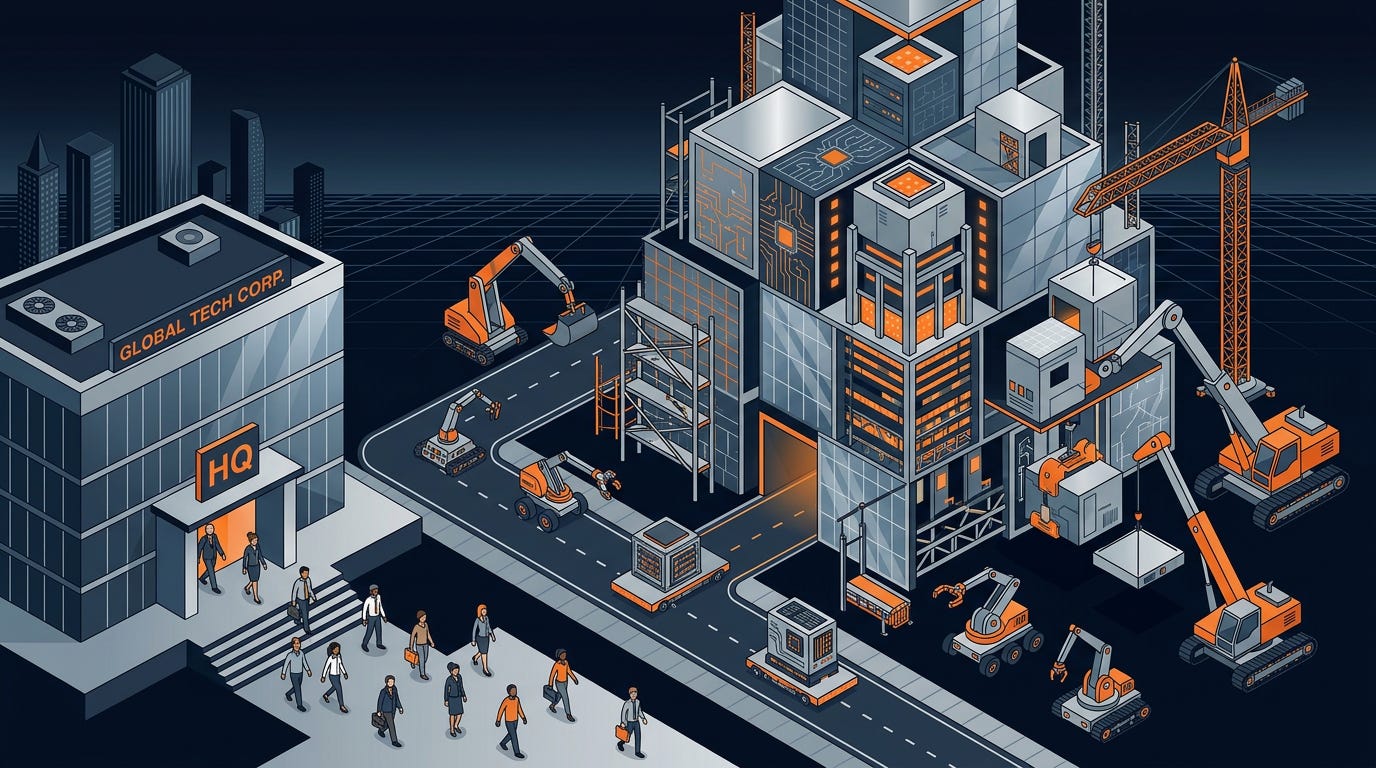 Flat isometric illustration of a giant futuristic data centre under construction towering above the scene while streams of office workers exit one side of a corporate headquarters and construction robots, cranes and AI hardware move toward the expanding facility on the other, oversized infrastructure dominating the skyline, orange, silver and dark blue colour palette, clean vector art style, dark background, modern tech editorial aesthetic. Flat isometric illustration of a giant futuristic data centre under construction towering above the scene while streams of office workers exit one side of a corporate headquarters and construction robots, cranes and AI hardware move toward the expanding facility on the other, oversized infrastructure dominating the skyline, orange, silver and dark blue colour palette, clean vector art style, dark background, modern tech editorial aesthetic.