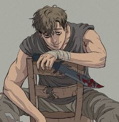 This may contain: a man sitting on top of a chair holding a knife