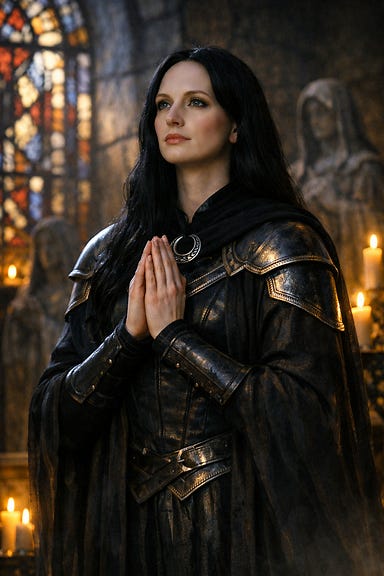 Clarion in the Abbey of Saint Markovia at dawn, tall statuesque cleric with black hair, silver‑trimmed black armor, moonlit pallor, stained‑glass light, no sword, hands clasped in prayer Clarion in the Abbey of Saint Markovia at dawn, tall statuesque cleric with black hair, silver‑trimmed black armor, moonlit pallor, stained‑glass light, no sword, hands clasped in prayer