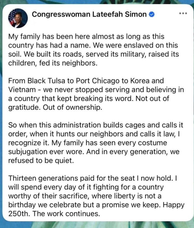 Congresswoman Lateefah Simon (D)'s Fourth of July Statement published on Facebook