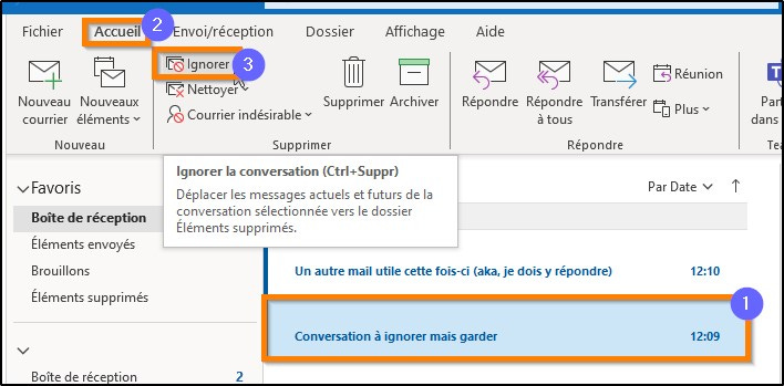 Menu pour ignorer conversation dans Microsoft Outlook