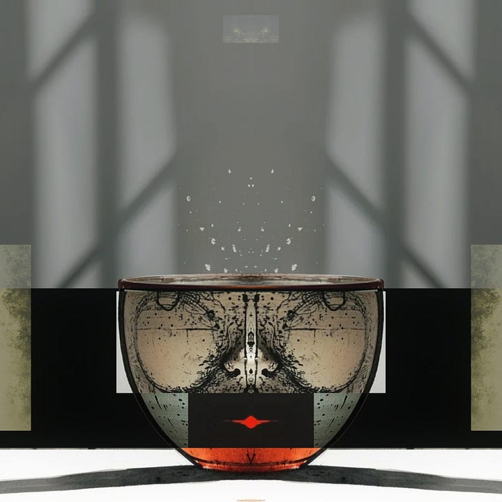 Digital collage pieces all based off an original collage representing a tea cup without a handle.