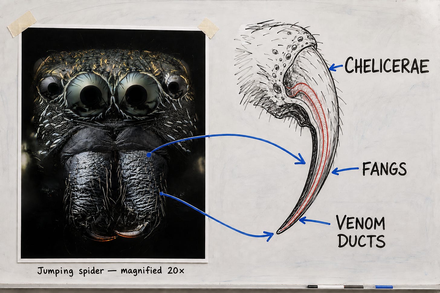 Whiteboard-style diagram pairing a 20-times-magnified close-up of a jumping spider’s face with a cutaway drawing of its mouthparts. Blue arrows label the chelicerae, curved fangs and venom ducts. Whiteboard-style diagram pairing a 20-times-magnified close-up of a jumping spider’s face with a cutaway drawing of its mouthparts. Blue arrows label the chelicerae, curved fangs and venom ducts.