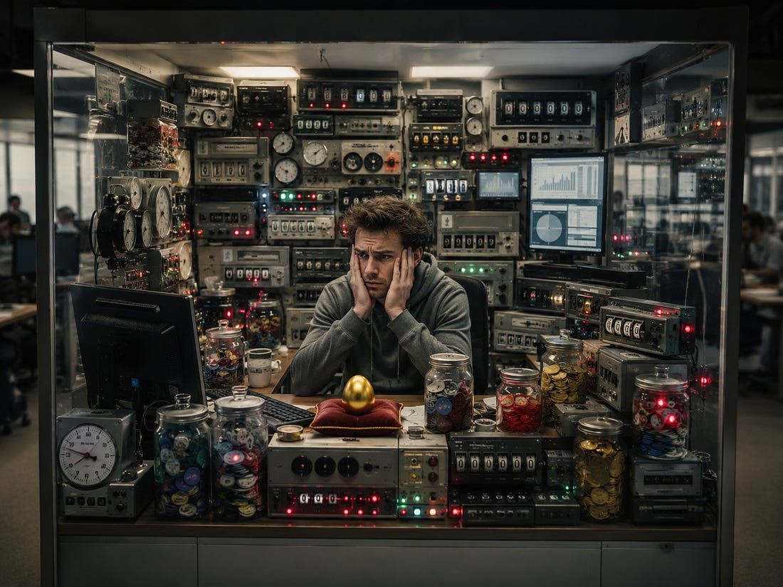 Founder overwhelmed by pricing meters and dashboards while a golden value metric sits ignored. Founder overwhelmed by pricing meters and dashboards while a golden value metric sits ignored.