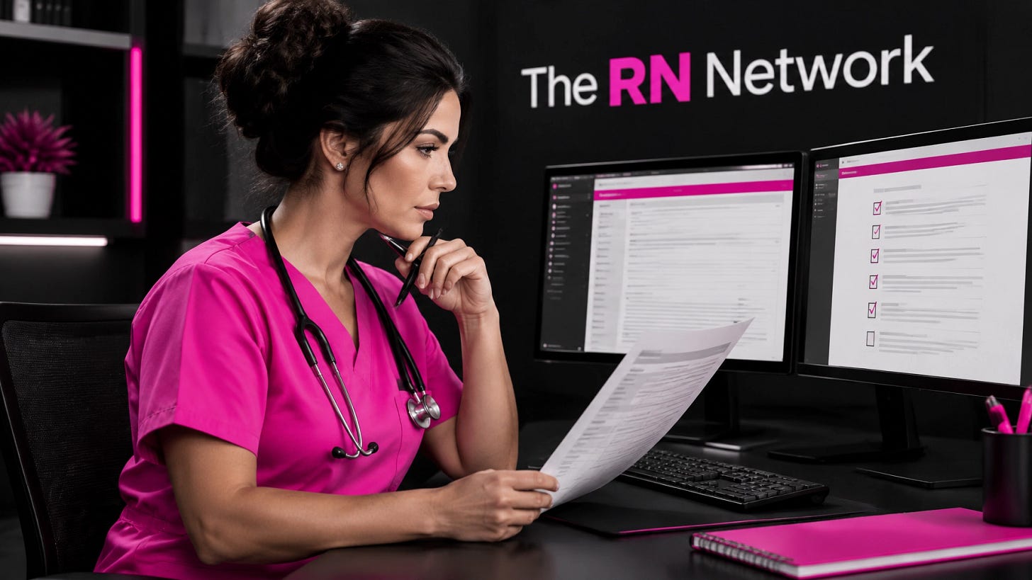 A registered nurse in pink scrubs reviewing medical necessity criteria on dual monitors A registered nurse in pink scrubs reviewing medical necessity criteria on dual monitors