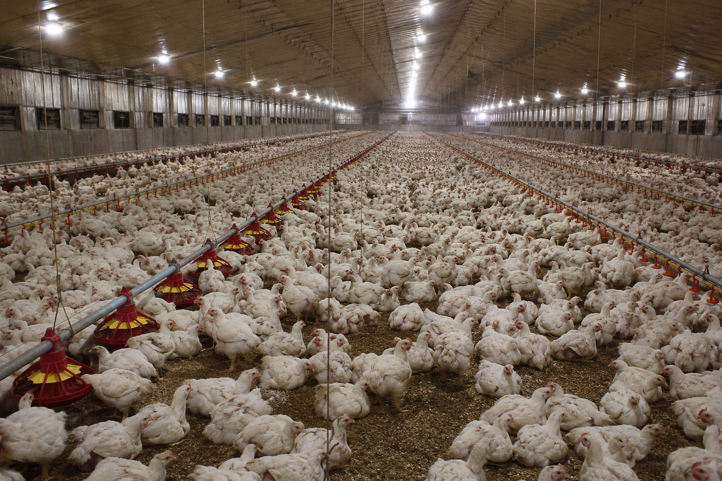 A wide, realistic view inside a massive industrial poultry barn filled with thousands of white broiler chickens crowded across the floor. Long feeding and water lines stretch toward the far end of the building beneath rows of overhead lights, emphasizing the immense scale, density, and confinement of modern chicken production.