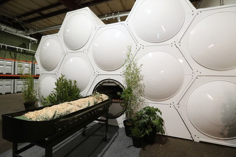 At Recompose, “vessels” full of soil undergo the process of natural organic reduction (NOR) or, more colloquially, human composting. (Ken Lambert / The Seattle Times) At Recompose, “vessels” full of soil undergo the process of natural organic reduction (NOR) or, more colloquially, human composting. (Ken Lambert / The Seattle Times)