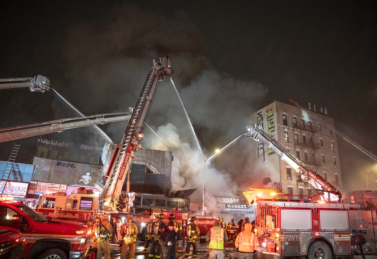 Firefighters were forced into a defensive operation as heavy fire consumed multiple buildings on Prospect Avenue on Thursday into Friday morning. Firefighters were forced into a defensive operation as heavy fire consumed multiple buildings on Prospect Avenue on Thursday into Friday morning.