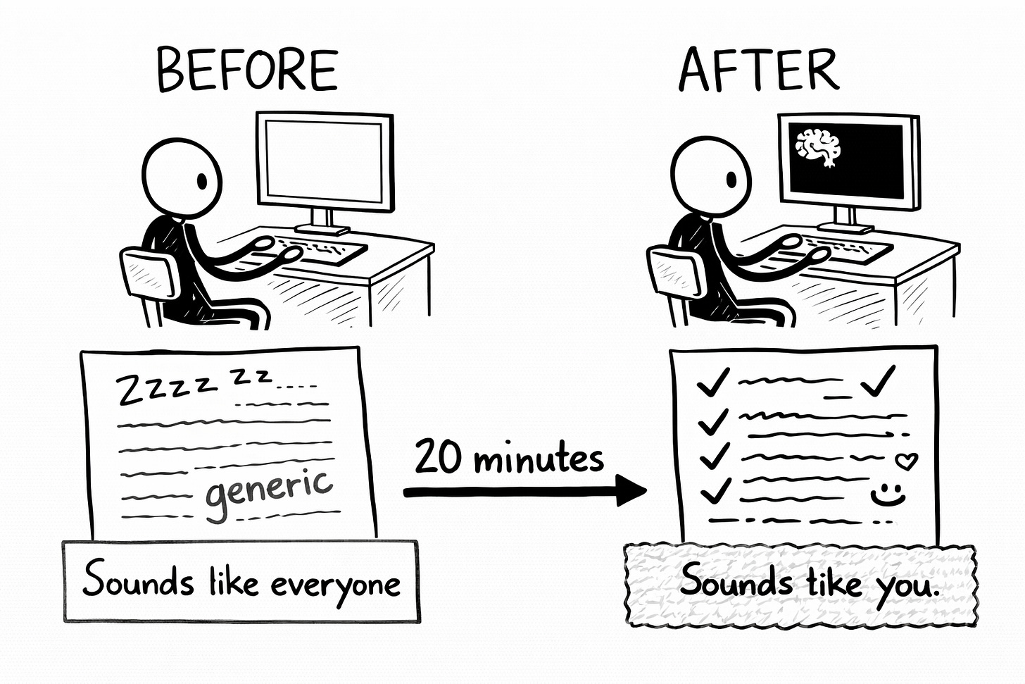 Before-and-after comparison of Claude AI output for content creators. The Before side shows a stick figure at a blank computer producing a generic document covered in sleep marks labeled 'Sounds like everyone.' The After side shows the same stick figure with a brain icon on the screen producing a document with checkmarks, a heart, and a smiley face labeled 'Sounds like you.' An arrow between them reads '20 minutes,' showing how quickly setting up a Claude Project transforms output quality.