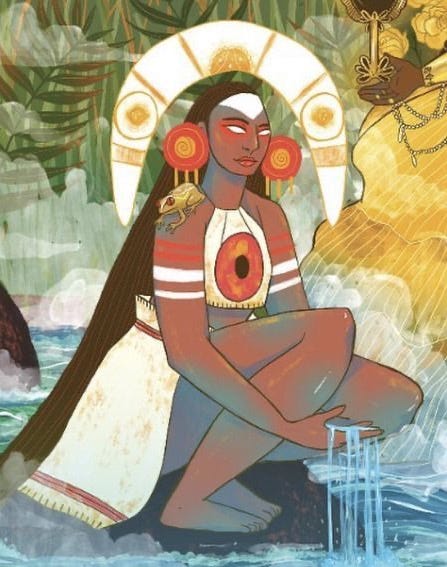 This may contain: an illustration of a woman sitting in the water