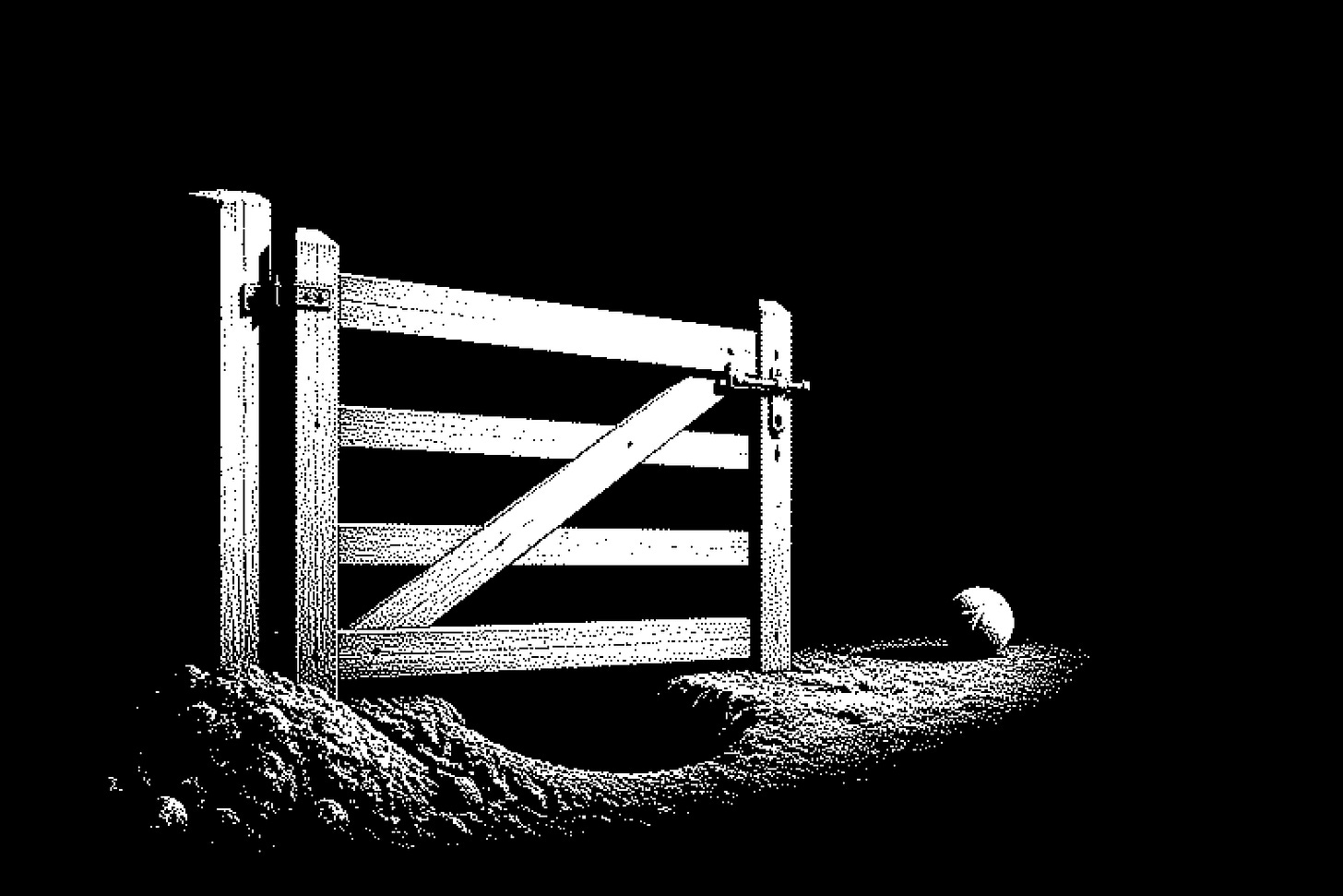 A low wooden garden gate, shut and latched, seen side-on in one hard beam of light from the left against pure black. Under the bottom of the gate a freshly dug hole, with a small mound of loose dirt beside it on the near side. On the far side of the A low wooden garden gate, shut and latched, seen side-on in one hard beam of light from the left against pure black. Under the bottom of the gate a freshly dug hole, with a small mound of loose dirt beside it on the near side. On the far side of the