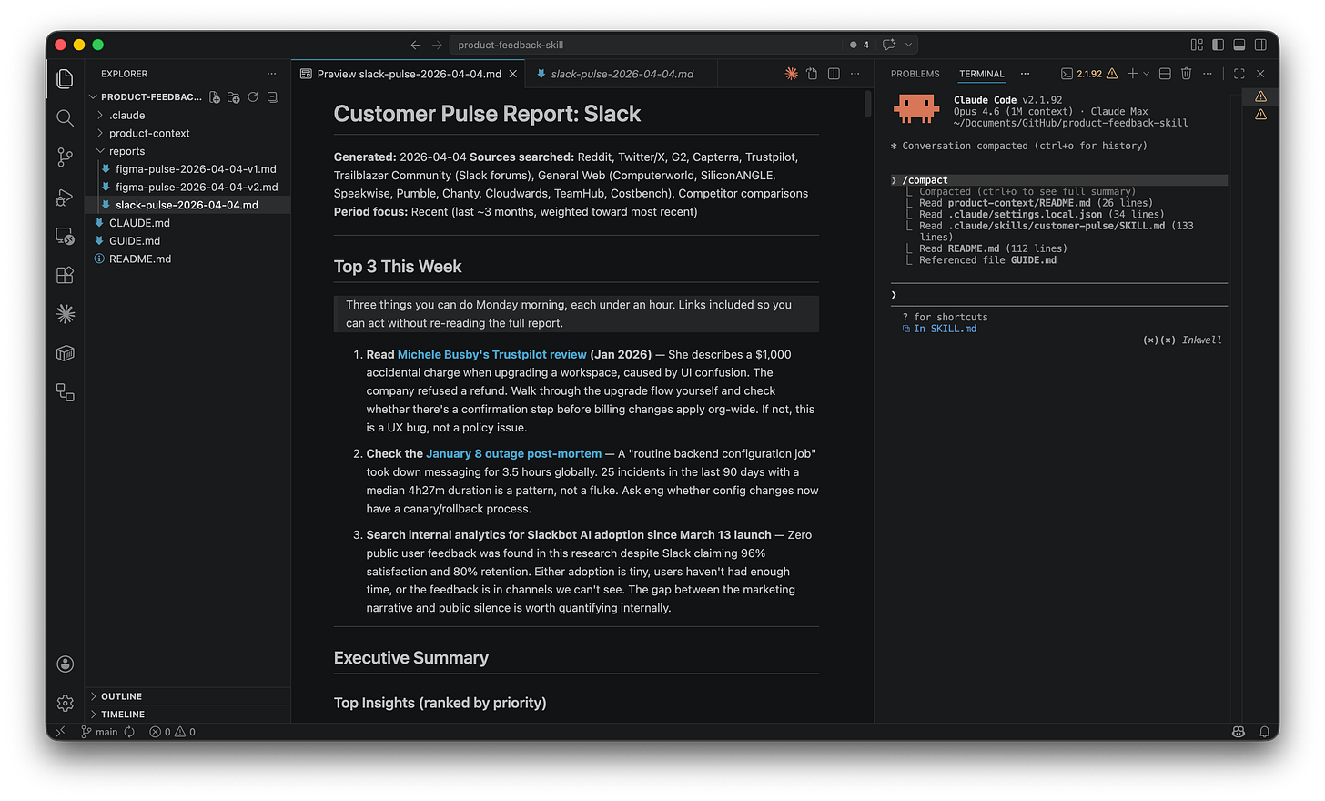 VS Code showing the Customer Pulse Report for Slack with Top 3 This Week section, Executive Summary, and Top Insights ranked by priority. VS Code showing the Customer Pulse Report for Slack with Top 3 This Week section, Executive Summary, and Top Insights ranked by priority.