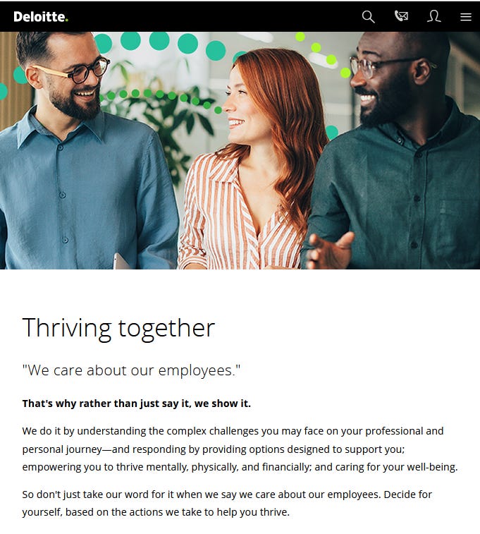 Deloitte US employee well-being and benefits recruitment page promoting caregiver leave, paid time off and family support. Deloitte US employee well-being and benefits recruitment page promoting caregiver leave, paid time off and family support.