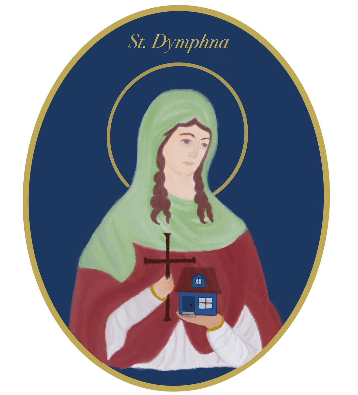 St. Dymphna icon holding cross blue house in hands