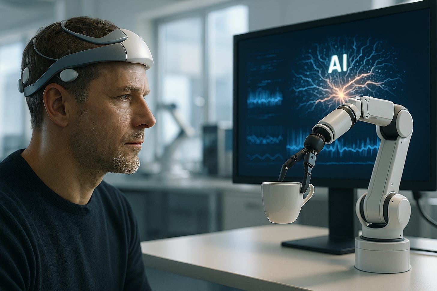 A futuristic laboratory setting with a person wearing a sleek, noninvasive brain-computer interface headset. The headset has soft, modern sensors gently placed on the scalp, connected wirelessly. In front of the user, a robotic arm is delicately picking up a cup, guided by the headset. On a nearby screen, an AI interface is shown interpreting brain signals into digital commands, with glowing neural patterns and data streams. The atmosphere is bright, advanced, and hopeful, symbolizing accessibility and innovation. Ultra-realistic, cinematic lighting, professional scientific illustration style. A futuristic laboratory setting with a person wearing a sleek, noninvasive brain-computer interface headset. The headset has soft, modern sensors gently placed on the scalp, connected wirelessly. In front of the user, a robotic arm is delicately picking up a cup, guided by the headset. On a nearby screen, an AI interface is shown interpreting brain signals into digital commands, with glowing neural patterns and data streams. The atmosphere is bright, advanced, and hopeful, symbolizing accessibility and innovation. Ultra-realistic, cinematic lighting, professional scientific illustration style.