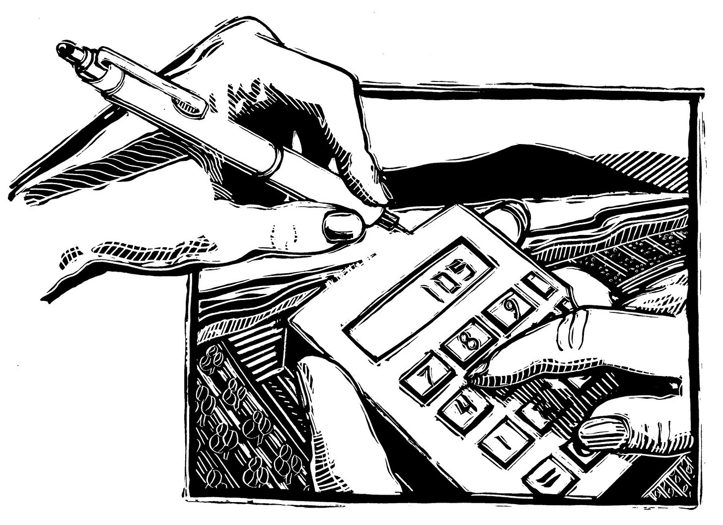 Black-and-white drawing of hands using a calculator and pen, set against a stylized, patterned landscape.