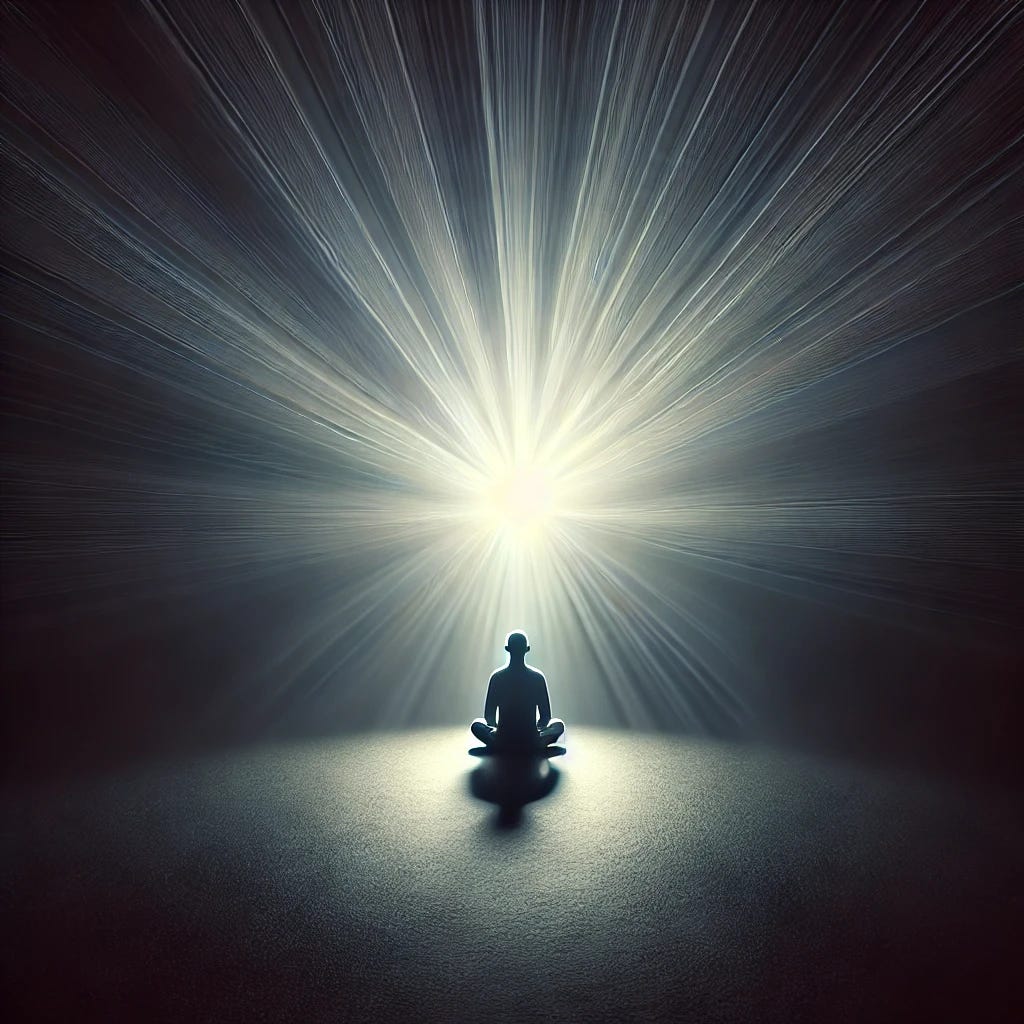 A lone figure sitting in darkness, surrounded by a soft, divine light radiating from within. The person is in deep prayer or contemplation, evoking a sense of inner stillness and watchfulness. The background is minimal and abstract, emphasizing the inward journey rather than a physical place. The atmosphere is sacred and mysterious, symbolizing the Hesychastic experience of the Uncreated Light.