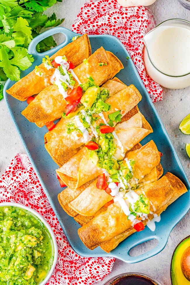 Air Fryer Chicken Taquitos on a platter. 