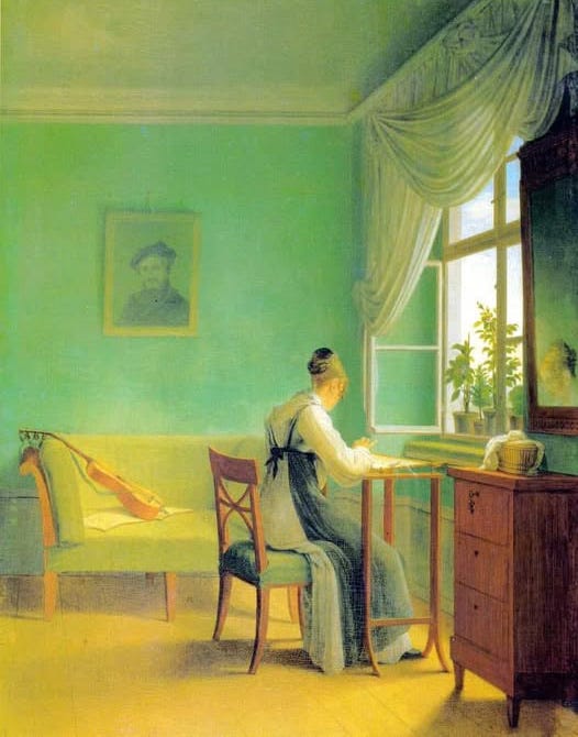Scheele’s green colored the quiet world of Georg Friedrich Kersting’s 1812 Woman Embroidering, a pigment as beautiful as it was perilous.