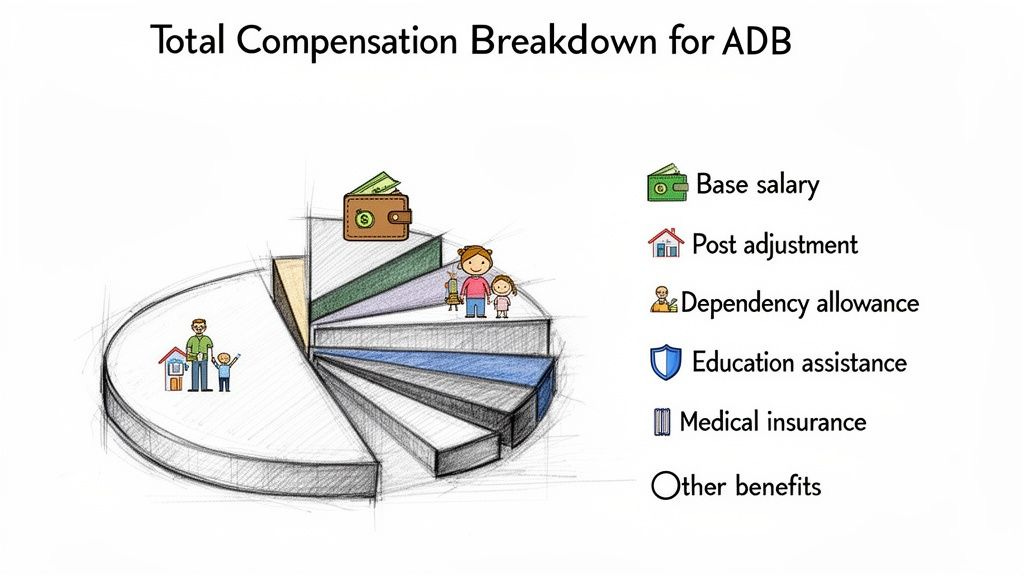 Illustration of Asian Development Bank's total compensation breakdown, showing salary, allowances, and other benefits.