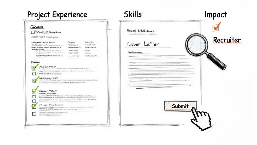 Illustration of job application documents, project experience, skills, cover letter, and submitting an application. Illustration of job application documents, project experience, skills, cover letter, and submitting an application.