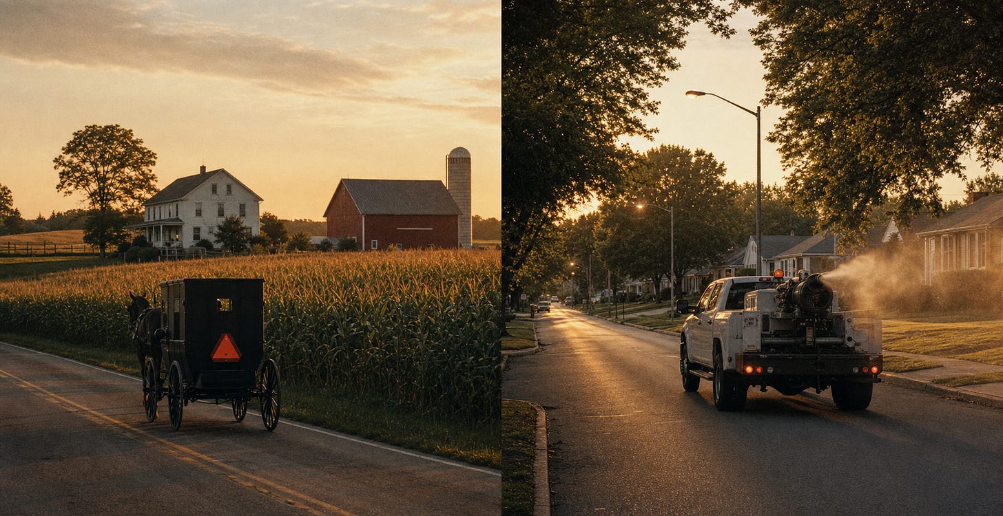 Photojournalism-style split image: an Amish horse-drawn buggy on a Lancaster County road at golden hour on the left, and a municipal mosquito-control truck fogging a residential street at the same golden hour on the right. Photojournalism-style split image: an Amish horse-drawn buggy on a Lancaster County road at golden hour on the left, and a municipal mosquito-control truck fogging a residential street at the same golden hour on the right.