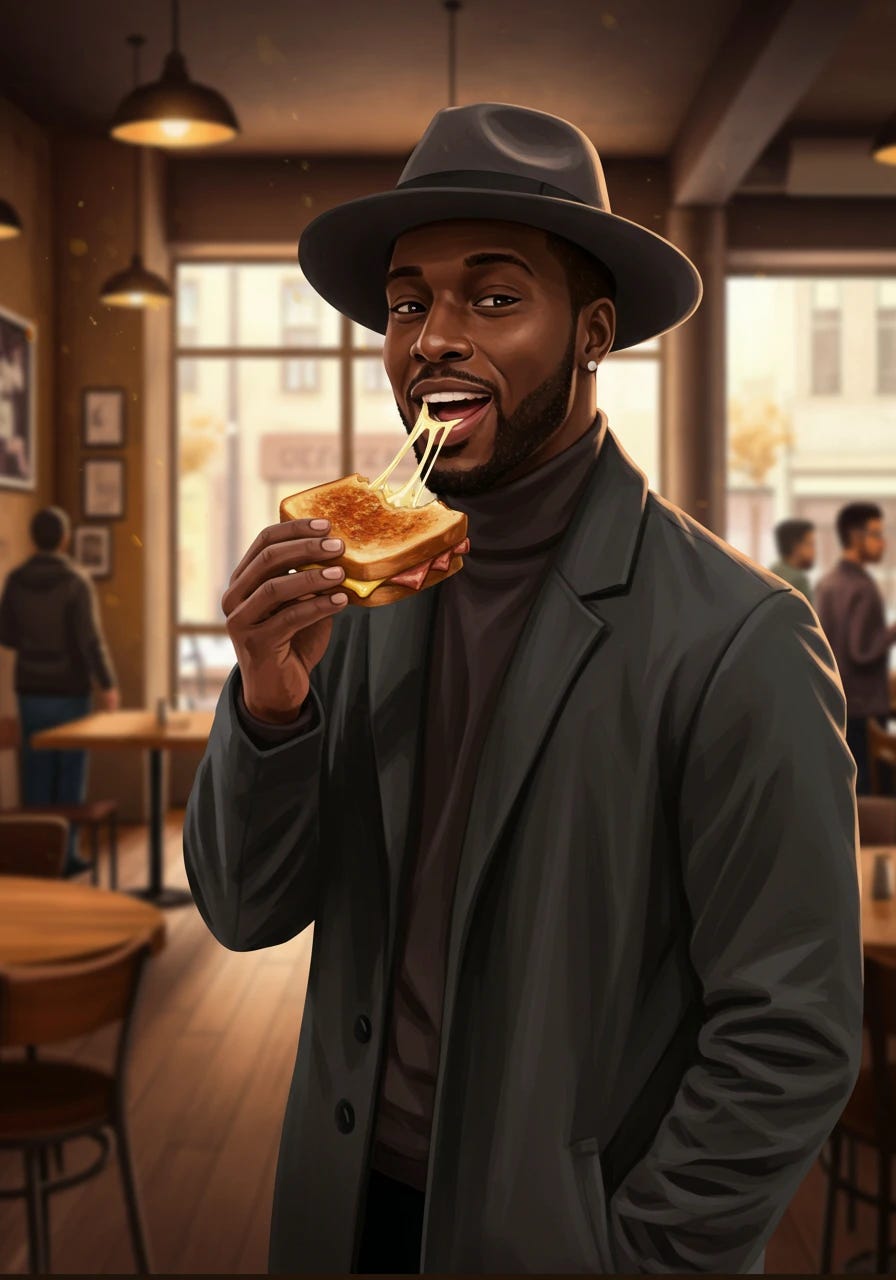 black man wearing fedorad hat eating a gourmet grilled cheese sandwich black man wearing fedorad hat eating a gourmet grilled cheese sandwich