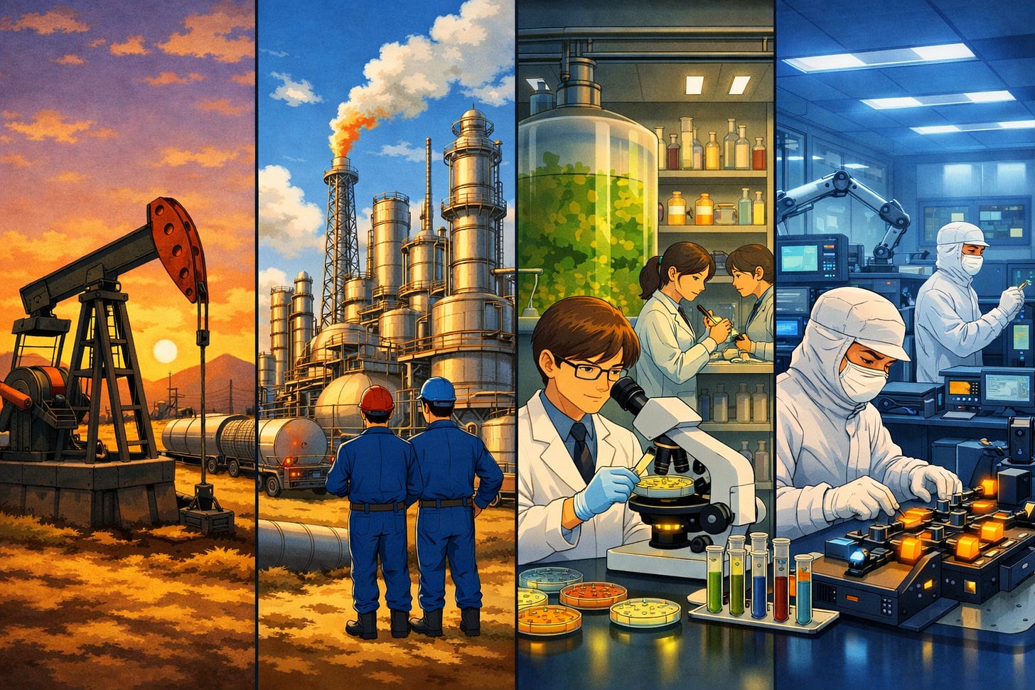 Studio Ghibli-style illustration of four industries: oil extraction, oil refining, biotechnology, and photonics manufacturing, with equal-width panels