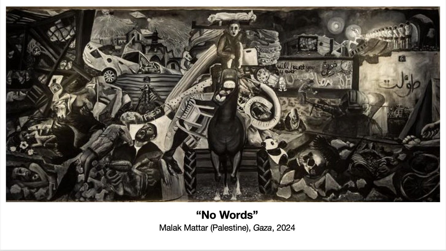 Colm Downes على X: ""No Words" by Gaza-born artist Malak Mattar. 🇵🇸 The  painting weaves stories of human experiences from within the Gaza Strip  since 7 October 2023. “This painting is not