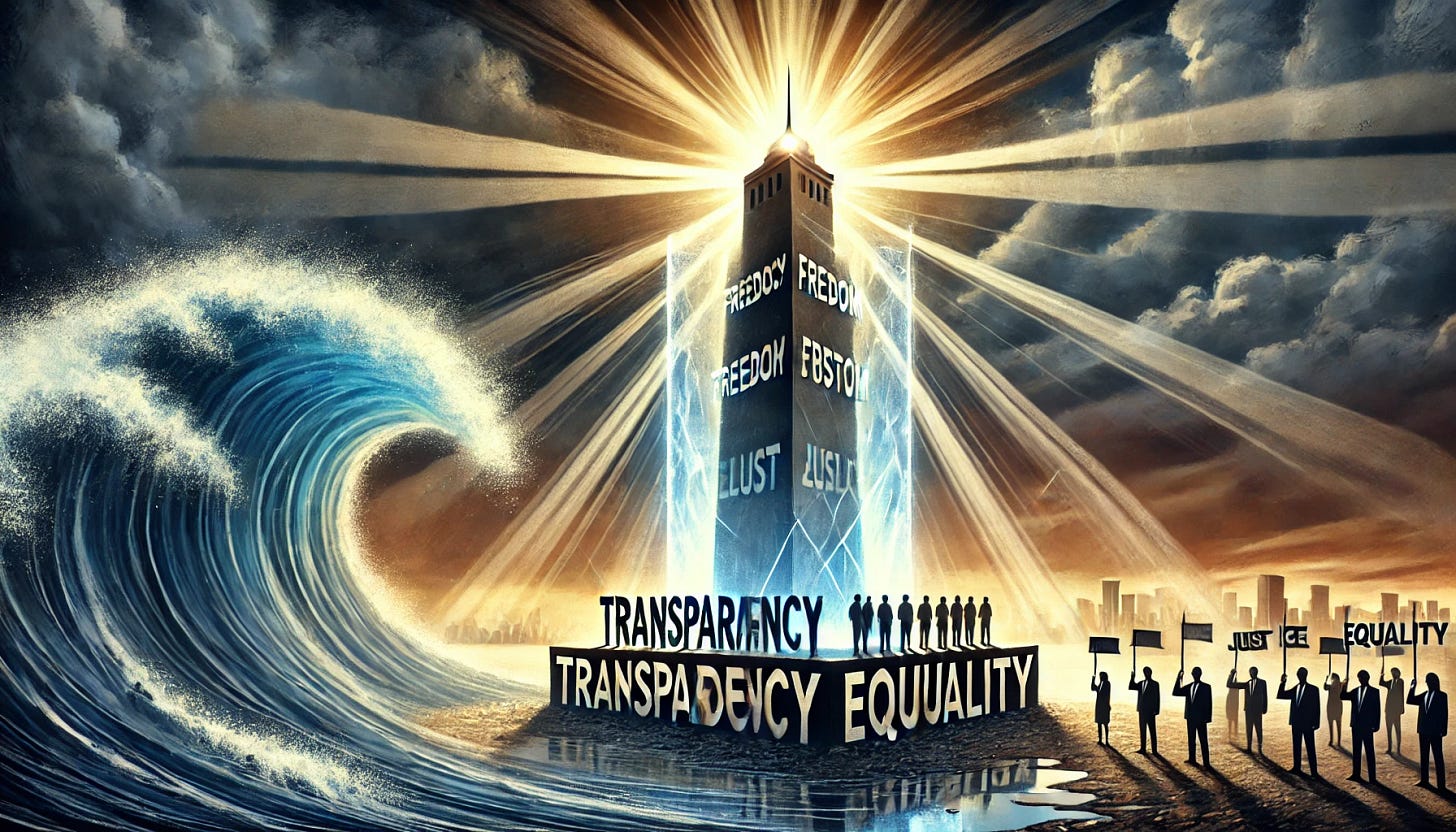 A powerful and symbolic image depicting a resilient democracy standing strong against authoritarianism. Imagine a tall, shining tower representing democratic values, with a shield of light protecting it. Around it are shadowy figures and waves, symbolizing threats of authoritarianism trying to break through. The tower is labeled with words like "Transparency," "Freedom," "Justice," and "Equality," standing firm. The background shows a stormy sky, but rays of sunlight pierce through, representing hope and resilience. 1792x1024 size.