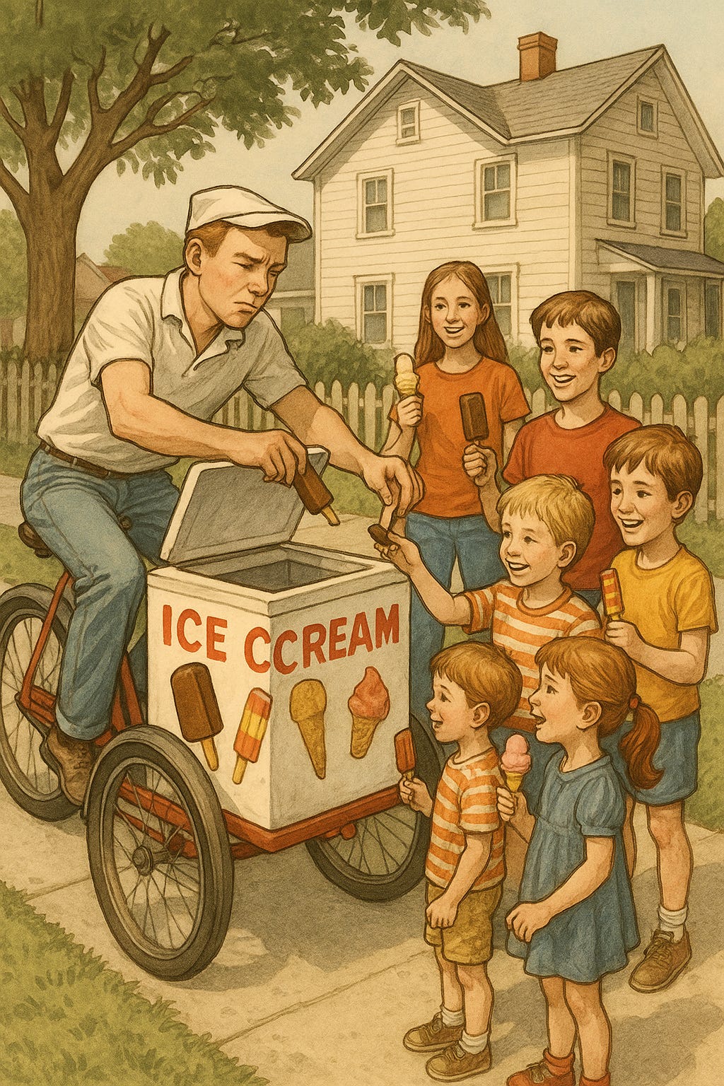 A boy riding an ice cream bike with several kids, brothers, and sisters, ready to get free ice cream