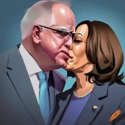 Tim Walz kissing Kamala Harris