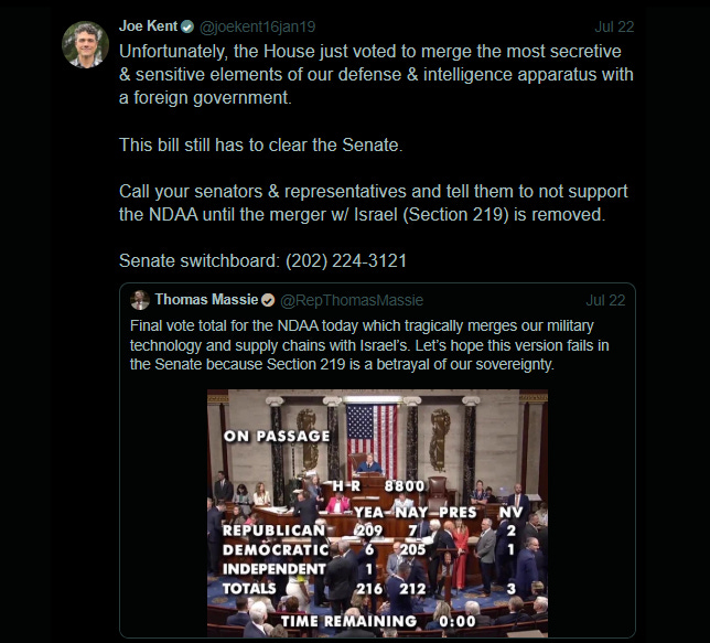 Screenshot of post by Joe Kent: An example of the antisemitism and hate from people like Joe Kent who want to deny Our Greatest Ally access to American military secrets. Screenshot of post by Joe Kent: An example of the antisemitism and hate from people like Joe Kent who want to deny Our Greatest Ally access to American military secrets.