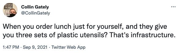 A screenshot of a funny tweet about plastic utensils. 