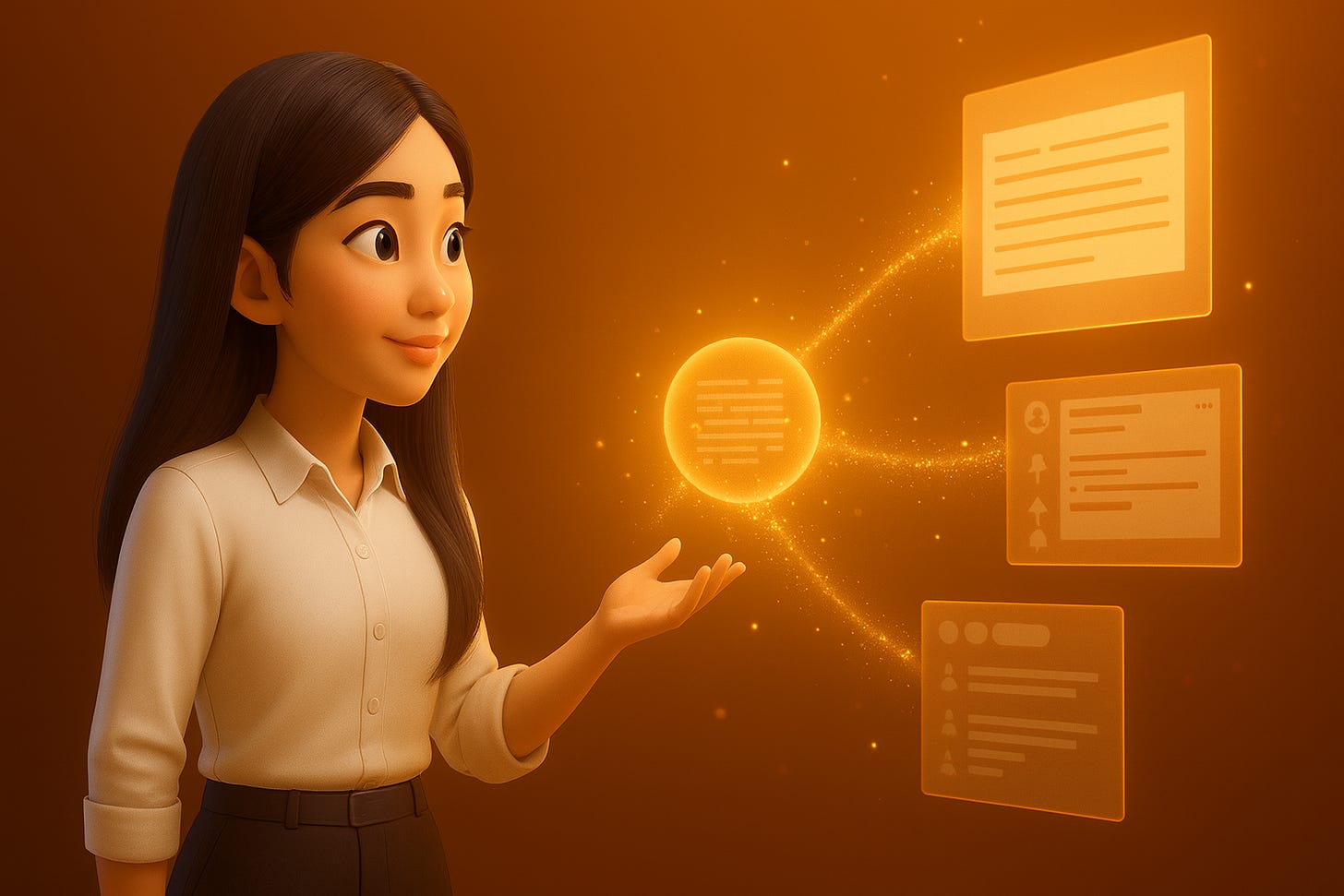 Pixar-style 3D illustration of Jenny Ouyang from Build to Launch observing the distribution of builder stories across multiple platforms, with glowing content streams flowing from a central sphere toward distinct platform panels showing article layouts, discussion threads, and newsletter formats, representing strategic content amplification and multi-platform discoverability