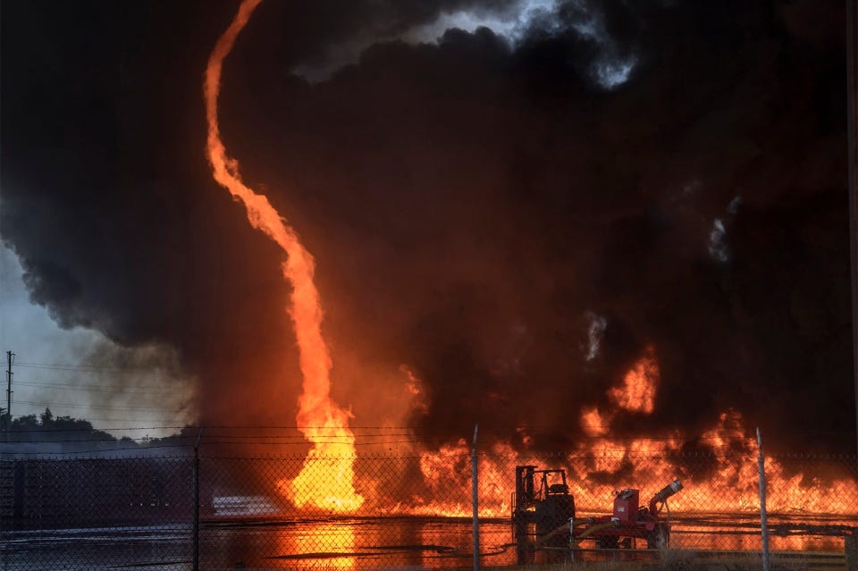  A flame whirlwind was photographed during the five-alarm fire