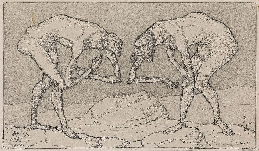 Paul Klee, Two Gentlemen Bowing to One Another, Each Supposing the Other to Be in a Higher Position (Invention 6), September 1903. Etching on paper, plate and sheet: 4 5/8 x 8 1/8 inches (11.8 x 20.7 cm) Paul Klee, Two Gentlemen Bowing to One Another, Each Supposing the Other to Be in a Higher Position (Invention 6), September 1903. Etching on paper, plate and sheet: 4 5/8 x 8 1/8 inches (11.8 x 20.7 cm)